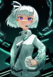  1girl absurdres aqua_theme blast-7 blush blush_stickers bright_pupils chain closed_mouth eyelashes fingernails hands_on_hips highres konpaku_youmu microphone purple_eyes short_hair signature smile solo touhou touhou_lost_word white_hair white_pupils 