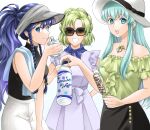  3girls alternate_costume aqua_eyes aqua_hair bangs bare_shoulders black_shirt blue_eyes blue_hair bottle braid dress earrings eirika_(fire_emblem) fire_emblem fire_emblem:_the_sacred_stones food green_eyes green_tapir hat highres holding holding_bottle holding_food jewelry l&#039;arachel_(fire_emblem) long_hair looking_at_viewer multiple_girls nail_polish necklace open_mouth pants ponytail popsicle shirt sidelocks sleeveless sleeveless_shirt sunglasses tana_(fire_emblem) twin_braids visor_cap water_bottle white_background white_dress white_headwear white_pants 