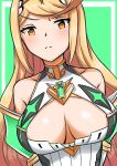  1girl absurdres bangs blonde_hair breasts cleavage cleavage_cutout closed_mouth gem green_background hair_ornament highres hikari_(xenoblade_2) large_breasts long_hair looking_at_viewer nintendo simple_background solo staring theakingu tsundere very_long_hair xenoblade_(series) xenoblade_2 yellow_eyes 