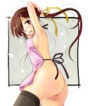 adjusting_hair anus apron armpits arms_up ass blush breasts brown_hair censored hair_ornament hairclip medium_breasts naked_apron original pussy pussy_juice sideboob solo te28 thighhighs 