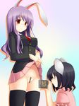  animal_ears bad_id bad_pixiv_id black_hair black_legwear blazer blush bunny_ears camcorder censored embarrassed inaba_tewi jacket long_hair long_sleeves looking_down moon_(ornament) multiple_girls necktie no_panties pink_skirt pleated_skirt puffy_short_sleeves puffy_sleeves purple_hair red_eyes red_neckwear reisen_udongein_inaba short_hair short_sleeves skirt skirt_lift sweatdrop thighhighs touhou tsukumiya_amane wavy_mouth 