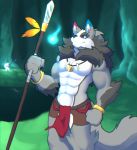  2019 4_fingers abs absurd_res anthro biped black_claws black_fur black_nose blue_ears canid canine canis claws clothing detailed_background digital_media_(artwork) ear_piercing fist fluffy fluffy_tail fur grey_ears grey_fur grey_tail hi_res holding_object holding_weapon loincloth male mammal melee_weapon mokarakom multicolored_ears muscular muscular_male pecs piercing polearm portrait red_ears red_eyes solo spear standing three-quarter_portrait tribal weapon white_fur whiteleo wolf 