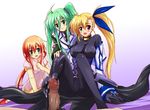  3girls bad_id bad_pixiv_id blonde_hair blush bodysuit breasts censored china_dress chinese_clothes covered_nipples cum dress einhart_stratos footjob green_eyes green_hair hetero heterochromia ixpellia large_breasts long_hair lyrical_nanoha mahou_shoujo_lyrical_nanoha_vivid multiple_girls older open_mouth orange_hair penis sakazaki_akira side_ponytail small_breasts twintails vivio 