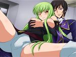  1girl aquamu blush breast_grab breasts c.c. code_geass covered_nipples gloves grabbing green_hair hetero large_breasts lelouch_lamperouge long_hair naughty_face short_shorts shorts smile spread_legs sweat underboob yamagarasu 