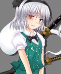  blood commentary_request cum cum_in_eye green_eyes guro headband hitodama injury konpaku_youmu konpaku_youmu_(ghost) shimo_(depthbomb) silver_hair solo sword tears touhou weapon 