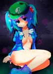  after_sex blue_eyes blue_hair bottomless breasts breasts_apart cum cum_in_pussy cum_on_body cum_on_breasts cum_on_upper_body cumdrip empty_eyes hair_bobbles hair_ornament hat highres kawashiro_nitori medium_breasts nipples no_panties short_hair solo sw tears touhou twintails two_side_up virgin 