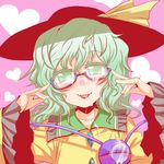  bad_id bad_pixiv_id bespectacled blush cum cum_on_clothes cum_on_glasses face facial glasses green_eyes green_hair hat heart komeiji_koishi kumadano monocle short_hair smile solo tongue touhou 