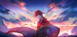  1boy absurdres arm_guards cloak cloud elsword elsword_(character) eyebrows_visible_through_hair gem highres knight_emperor_(elsword) red_eyes red_hair sky sunlight yumuto_(spring1786) 