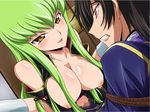  1girl aquamu assertive bdsm blush bondage bound breasts c.c. censored cleavage clenched_teeth code_geass cowgirl_position femdom girl_on_top green_hair hetero large_breasts lelouch_lamperouge mosaic_censoring naughty_face open_clothes open_shirt penis precum sex shirt straddling sweat teeth vaginal yamagarasu yellow_eyes 