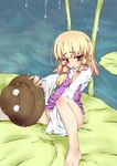  bad_id bad_pixiv_id barefoot blonde_hair blush eyes hat highres hujimi lily_pad masturbation moriya_suwako no_panties pyonta short_hair solo touhou yellow_eyes 