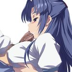  akira_(coffee_curry) asakura_ryouko blue_eyes blue_hair blush breasts censored cum cum_in_mouth dark_penis fellatio large_breasts mosaic_censoring oral paizuri paizuri_over_clothes penis solo_focus suzumiya_haruhi_no_yuuutsu 