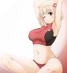  1girl ;) arms_up bangs bare_arms bare_shoulders blonde_hair blush breasts closed_mouth commentary_request hair_ribbon hinata_masaki looking_at_viewer lycoris_recoil medium_breasts navel nishikigi_chisato one_eye_closed red_eyes red_ribbon ribbon sitting smile solo stretching 