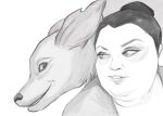  2022 black_and_white canid canine canis chantal_sarault clothed clothing domestic_dog duo ears_back eye_contact eyebrows female feral floppy_ears front_view fur futaba_(artist) hair hair_bun human humanoid looking_at_another male mammal monochrome null_(kiwi_farms) open_mouth overweight overweight_female overweight_humanoid pivoted_ears shaded shirt side_view smile snout standing teeth topwear 