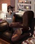  anthro biped brown_body brown_fur candle canid canine female fluffy fluffy_tail fox fur furniture hi_res lamp looking_at_viewer mammal notdonebaking sitting sofa solo tattoo window 