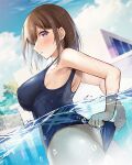  1girl adjusting_clothes adjusting_swimsuit armpits ass bangs bare_arms bare_shoulders blue_sky breasts brown_hair commentary_request day from_side highres large_breasts looking_at_viewer looking_to_the_side original outdoors parted_lips partial_commentary pool profile purple_eyes shiro_kuma_shake short_hair sky swimsuit upper_body water wet 