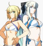  2girls ahoge arms_at_sides artoria_pendragon_(fate) artoria_pendragon_(swimsuit_archer)_(fate) artoria_pendragon_(swimsuit_archer)_(fate)_(cosplay) bikini black_ribbon blonde_hair blue_eyes blue_ribbon braid breasts chietori cosplay cowboy_shot crown_braid expressionless fate/grand_order fate_(series) french_braid frown green_eyes groin_tendon hair_ribbon hands_on_hips highres large_breasts looking_at_another morgan_le_fay_(fate) multiple_girls navel ribbon sen_(77nuvola) shaded_face siblings sisters small_breasts swimsuit white_background 