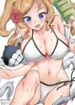  1girl abyssal_ship artist_name bare_arms bare_legs bare_shoulders bikini blonde_hair blue_eyes blush breasts collarbone enemy_naval_mine_(kancolle) flower hair_flower hair_ornament hibiscus highres honolulu_(kancolle) kantai_collection large_breasts long_hair mizuta_kenji navel one-hour_drawing_challenge open_mouth red_flower signature simple_background solo swimsuit tentacles twintails twitter_username white_background white_bikini 
