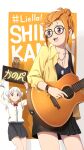  2girls acoustic_guitar arashi_chisato bangs bird bracelet breasts character_name cleavage collarbone commentary double_bun english_text glasses guitar hair_bun hashtag highres instrument jewelry laofuzi_dai_bansho love_live! love_live!_superstar!! manmaru_(love_live!) multiple_girls music necklace orange_hair owl playing_instrument purple_eyes red_eyes revision school_uniform shibuya_kanon sidelocks single_hair_bun small_breasts white_hair yuigaoka_school_uniform 