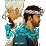  2boys absurdres artist_name back-to-back beard breaking_bad brown_facial_hair brown_hair chrome_(dr._stone) chrome_(dr._stone)_(cosplay) commentary cosplay cracked_skin dr._stone drugs english_commentary facial_hair glasses goatee henriyuken highres instagram_logo ishigami_senkuu ishigami_senkuu_(cosplay) jesse_pinkman male_focus methamphetamine multiple_boys physics short_hair simple_background upper_body walter_white white_background white_hair wrinkled_skin 