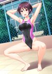  1girl armpits arms_behind_head barefoot black_one-piece_swimsuit breasts bush chain-link_fence competition_swimsuit covered_navel covered_nipples dutch_angle fence full_body highres kuri_(kurigohan) medium_breasts one-piece_swimsuit open_mouth original presenting_armpit round_teeth solo squatting swimsuit teeth two-tone_swimsuit upper_teeth window 