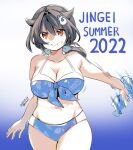  1girl 2022 adapted_costume alternate_color artist_name bikini black_hair blue_background blue_bikini breasts character_name chougei_(kancolle) chougei_(kancolle)_(cosplay) commentary_request cosplay cowboy_shot dated gradient gradient_background hair_flaps hair_ornament hairclip jingei_(kancolle) kantai_collection kirisawa_juuzou large_breasts long_hair low_ponytail red_eyes solo swimsuit white_background wide_hips 