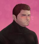  1boy absurdres artist_name bara black_hair black_shirt blush chris_redfield facial_hair heart highres male_focus muscular muscular_male pink_background pout pouty_lips resident_evil resident_evil_6 sennrie shirt short_hair simple_background solo upper_body 