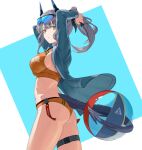  1girl alternate_costume arknights arms_up ass bangs bikini black_ribbon blue-tinted_eyewear blue_background blue_jacket blunt_bangs breasts closed_mouth cowboy_shot dragon_girl dragon_horns dragon_tail eyewear_on_head from_side grey_hair hair_ornament hair_ribbon hairclip highres holding holding_with_tail horns jacket large_breasts liskarm_(arknights) long_hair long_sleeves looking_at_viewer looking_to_the_side open_clothes open_jacket orange_bikini orange_eyes ponytail prehensile_tail ribbon sideboob skindentation solo sunglasses swimsuit tail thigh_strap tinted_eyewear tsukira_(amayadori) two-tone_background tying_hair white_background 