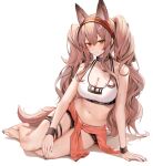  1girl angelina_(arknights) animal_ears arknights barefoot black_nails black_shorts blush breasts brown_eyes brown_hair cleavage closed_mouth clothes_around_waist collar crop_top fox_ears fox_tail full_body hairband highres large_breasts long_hair red_hairband ru_zhai short_shorts shorts sitting skindentation smile solo sweater sweater_around_waist tail thigh_strap thighs toenails very_long_hair wavy_hair wristband yokozuwari 