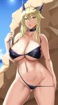  1girl :o akitsuki_karasu areola_slip artoria_pendragon_(fate) artoria_pendragon_(lancer_alter)_(fate) bare_arms bare_shoulders bikini black_bikini black_choker blonde_hair breasts choker cleavage collarbone commentary_request cowboy_shot fate/grand_order fate_(series) hair_between_eyes highres horns large_breasts looking_at_viewer medium_hair navel open_mouth outdoors solo swimsuit thighs yellow_eyes 