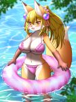  2022 absurd_res anthro big_breasts bikini blonde_hair blush breasts brown_body brown_fur canid canine clothing cute_fangs dipstick_ears dipstick_tail faroula_twitt female female_anthro fox fur gloves_(marking) hair hi_res inflatable inner_tube kemono long_hair looking_at_viewer mammal markings multicolored_body multicolored_ears multicolored_fur multicolored_tail navel open_mouth partially_submerged ponytail pupils red_eyes slit_pupils solo swimwear tail_markings tongue under_boob water white_body white_fur yellow_body yellow_fur 