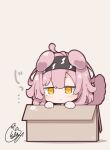  1girl ahoge animal_ears arknights bangs beni_shake black_hairband blush box brown_background cardboard_box cat_ears cat_girl cat_tail closed_mouth commentary_request goldenglow_(arknights) hairband hands_up in_box in_container lightning_bolt_print pink_hair print_hairband shadow signature solo tail yellow_eyes 