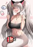  1girl absurdres bare_arms bare_shoulders barefoot blush breasts chicken_(food) cleavage collarbone food fork grey_hair hands_up havoc-chan heart heart-shaped_pupils highres holding holding_fork holding_knife jewelry kneeling knife large_breasts long_hair navel necklace one_eye_covered open_mouth original pants pixelated red_eyes smile suou-sensei symbol-shaped_pupils thighs twintails white_pants 