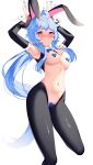  1girl @_@ absurdres ahoge alternate_costume animal_ears armpits black_pantyhose blue_bow blue_bowtie blue_hair blue_nails bluerabbit_gap blush bow bowtie breasts bunny_pose closed_mouth detached_collar detached_sleeves foot_up ganyu_(genshin_impact) genshin_impact heart_pasties highres long_hair looking_at_viewer medium_breasts meme_attire navel nontraditional_playboy_bunny nose_blush pantyhose pasties purple_eyes rabbit_ears reverse_bunnysuit reverse_outfit sidelocks simple_background solo stomach sweatdrop symbol-shaped_pupils very_long_hair wavy_hair white_background wrist_cuffs 
