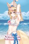  1girl absurdres ahoge animal_ears arm_behind_head armpits arms_up bangs beach bikini bikini_skirt black_hair blonde_hair blue_bow blue_sky blush bow breasts ckhd cloud cowboy_shot day fox_ears fox_girl fox_tail hair_bow hair_ornament highres hololive layered_skirt long_hair medium_breasts multicolored_hair navel omaru_polka parted_lips pink_hair purple_eyes skirt sky solo standing star_tattoo stomach_tattoo streaked_hair swimsuit tail tattoo virtual_youtuber white_bikini x_hair_ornament 