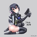  1girl absurdres ass black_bodysuit black_hair black_thighhighs bodysuit brown_eyes ceramic_plate diving_suit gun hair_between_eyes handgun headset highres holding holding_gun holding_weapon humboldt_penguin_(kemono_friends) kemono_friends medium_hair multicolored_hair penguin_tail pink_hair scuba_tank sitting smile solo streaked_hair tactical_clothes tail thighhighs wariza weapon wetsuit 