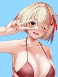  1girl ;d arm_up bikini blue_background blush bob_cut breasts cleavage collarbone hair_ribbon highres large_breasts looking_at_viewer lycoris_recoil nemuslyp nishikigi_chisato one_eye_closed one_side_up open_mouth red_bikini red_nails red_ribbon ribbon short_hair simple_background skindentation smile solo string_bikini swimsuit teeth upper_body upper_teeth v_over_eye 