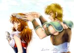  1boy 1girl aquila_marin armor bangs blonde_hair bracer brown_eyes brown_hair dated head_wreath holding holding_mask kurumada_masami_(style) leo_aiolia looking_back mask parted_lips saint_seiya shoulder_armor sidelocks smile sonosaki888 