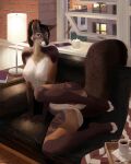  anthro biped breasts brown_body brown_fur candle canid canine countershade_torso countershading female fluffy fluffy_tail fox fur furniture genitals hi_res lamp looking_at_viewer mammal nipples notdonebaking nude pussy sitting sofa solo tattoo window 