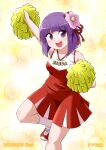  1girl blush cheerleader clothes_writing collarbone commission dated flower hair_flower hair_ornament hieda_no_akyuu holding holding_pom_poms kousei_(public_planet) open_mouth pink_flower pom_pom_(cheerleading) purple_eyes purple_hair red_skirt short_hair skeb_commission skirt smile socks solo touhou white_socks 