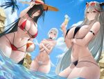  3girls absurdres aegir_(azur_lane) arm_under_breasts arm_up artist_logo azur_lane ball bangs beachball bikini black_bikini black_choker blue_sky blush breasts choker cleavage closed_mouth cloud cocktail_glass covering covering_breasts cup curvy day demon_horns drinking_glass earrings embarrassed eyewear_on_head food friedrich_der_grosse_(azur_lane) fruit grey_hair grin groin hair_over_one_eye hand_up hat highres holding holding_cup horns horns_through_headwear jewelry large_breasts larger_bmx layered_bikini lemon lemon_slice long_hair looking_at_viewer multicolored_hair multiple_girls navel outdoors palm_tree parted_lips red_bikini rock short_hair sideboob skindentation sky smile stomach straight_hair straw_hat streaked_hair sunglasses sunlight swimsuit thigh_strap thighs tirpitz_(azur_lane) topless tree underboob very_long_hair wading water wet white_bikini white_hair wide_hips yellow_eyes zipper zipper_pull_tab 