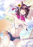  1girl :d absurdres animal_ear_fluff animal_ears armpits beach bikini blue_archive blue_sky blush bottle breast_hold breasts brown_hair cloud cloudy_sky covering covering_breasts cowboy_shot day denim denim_shorts ears_through_headwear flower fox_ears fox_girl fox_tail hair_between_eyes hair_flower hair_ornament halo hat highres holding holding_bottle izuna_(blue_archive) izuna_(swimsuit)_(blue_archive) long_hair looking_at_viewer medium_breasts navel ocean open_mouth orange_eyes outdoors pouring pouring_onto_self ramune scarf short_hair short_shorts shorts sky smile solo standing sunflower sunlight suwakana swimsuit tail thighs visor_cap water yellow_eyes yellow_flower 