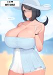  1girl beach black_choker black_hair blue_eyes blue_sky blurry blurry_background breasts choker cleavage clenched_hand closed_mouth cloud collarbone curvy dress english_text freckles hand_up hat highres huge_breasts lana&#039;s_mother_(pokemon) long_hair looking_at_viewer mature_female moebell outdoors plump pokemon pokemon_(anime) pokemon_sm_(anime) short_dress sky smile solo spaghetti_strap speech_bubble sun_hat watch wristwatch 