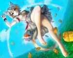  1girl animal_ears barefoot bell bracelet bubble cat_tail coin convenient_leg feet fingernails floating goutokuji_mike hand_up highres jewelry jingle_bell kyogoku-uru multicolored_hair nail_polish red_nails sharp_fingernails tail toes touhou 