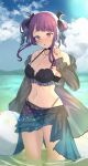  1girl :o ball bangs bare_shoulders beach beachball bikini blush breasts cleavage collarbone cowboy_shot diagonal_bangs highleg highleg_bikini highres idolmaster idolmaster_shiny_colors jewelry long_hair looking_at_viewer medium_breasts navel necklace purple_eyes purple_hair see-through shirt sidelocks sky solo swimsuit tanaka_mamimi wading yui081 