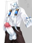  2021 anthro balls belt bodily_fluids bottomwear clothing dripping e_convenient fur genital_fluids genitals hi_res league_of_legends male mammal pants penis precum precum_drip riot_games simple_background solo teeth topwear ursid vein veiny_penis video_games volibear white_body white_clothing white_fur white_topwear 