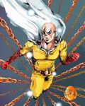  1boy araki_hirohiko_(style) artist_name bald belt_buckle buckle cape formal gloves green_eyes grey_background highres looking_at_viewer one-punch_man parody red_gloves sailorbrush saitama_(one-punch_man) solo sparkle style_parody suit white_cape yellow_suit 