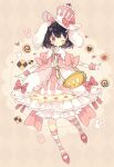  1girl :3 adapted_costume animal_ears bag black_hair bloomers blush checkerboard_cookie closed_mouth cookie dress food frilled_dress frilled_sleeves frills full_body highres inaba_tewi kneehighs nikorashi-ka one_eye_closed pink_dress pink_footwear puffy_short_sleeves puffy_sleeves rabbit_ears red_eyes shoes short_hair short_sleeves shoulder_bag smile snack socks solo striped striped_socks touhou underwear white_bloomers 