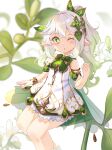  1girl ;o bare_shoulders blurry blurry_background blush breasts commentary_request cross-shaped_pupils depth_of_field dress feet_out_of_frame flower genshin_impact gradient_hair green_eyes green_hair grey_hair hand_up highres holmemee long_hair looking_at_viewer multicolored_hair nahida_(genshin_impact) one_eye_closed parted_lips pointy_ears ponytail simple_background sleeveless sleeveless_dress small_breasts solo white_background white_dress white_flower 