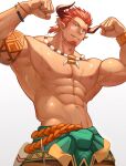 1boy abs armlet bara biceps blue_eyes bracelet draph earrings facepaint facial_hair flexing granblue_fantasy hidora_art highres horns jewelry lantana_(granblue_fantasy) large_pectorals male_focus muscular muscular_male navel necklace nipples orange_hair pectorals pointy_ears pose short_hair simple_background solo sweat tooth_necklace topless_male white_background 
