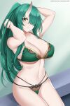  1girl absurdres adjusting_hair arknights arm_behind_head arms_up aslindsamure bangs banned_artist bare_shoulders bra breasts cleavage commentary english_commentary green_bra green_eyes green_hair green_panties hair_over_one_eye high_ponytail highres horns hoshiguma_(arknights) large_breasts long_hair looking_at_viewer navel oni_horns panties parted_lips patreon_username ponytail sideboob sidelocks single_horn sitting solo thighs underboob underwear watermark 